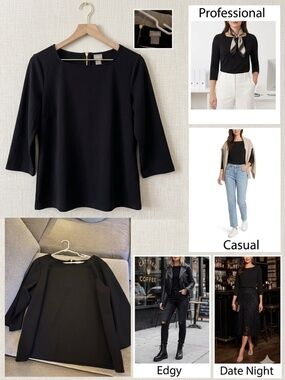 Chico's Black 3/4 Sleeve Top Square Neck Back Zip - L (Chico's 2)